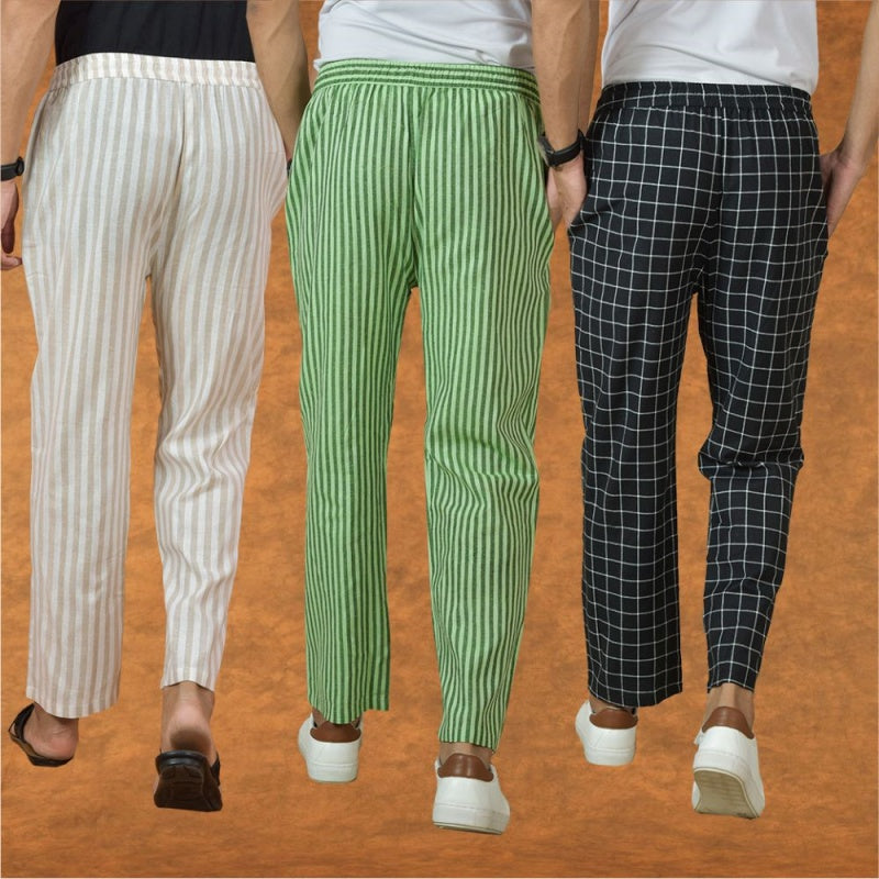 COMBO OF 3 MEN STRIPE COTTON HANDLOOM PANT BLACK OLIVE GREEN AND BEIGE