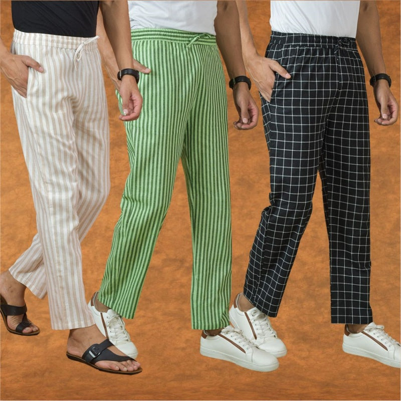 COMBO OF 3 MEN STRIPE COTTON HANDLOOM PANT BLACK OLIVE GREEN AND BEIGE