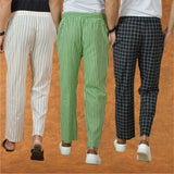 COMBO OF 3 MEN STRIPE COTTON HANDLOOM PANT BLACK OLIVE GREEN AND BEIGE