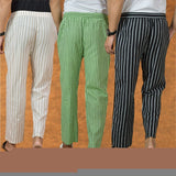 COMBO OF 3 MEN STRIPE COTTON HANDLOOM PANT BLACK OLIVE GREEN AND BEIGE