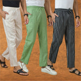 COMBO OF 3 MEN STRIPE COTTON HANDLOOM PANT BLACK OLIVE GREEN AND BEIGE