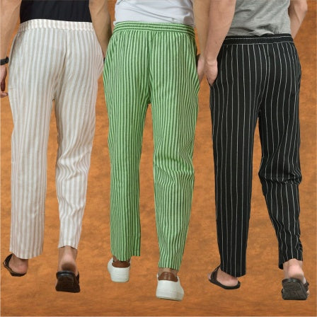 COMBO OF 3 MEN STRIPE COTTON HANDLOOM PANT BLACK OLIVE GREEN AND BEIGE