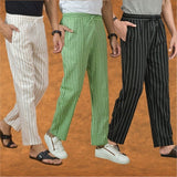 COMBO OF 3 MEN STRIPE COTTON HANDLOOM PANT BLACK OLIVE GREEN AND BEIGE