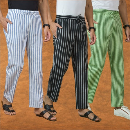 COMBO OF 3 MEN STRIPE COTTON HANDLOOM PANT BLACK OLIVE GREEN AND BLUE