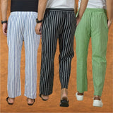 COMBO OF 3 MEN STRIPE COTTON HANDLOOM PANT BLACK OLIVE GREEN AND BLUE