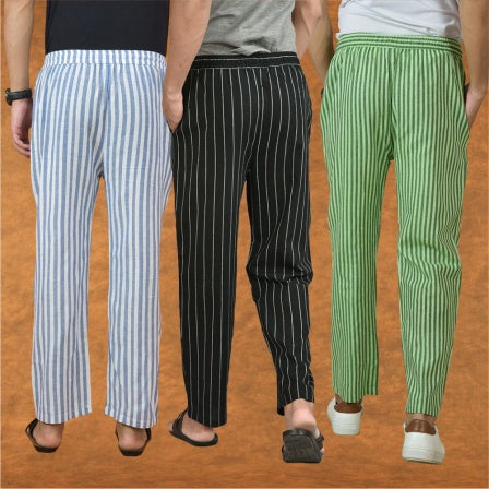 COMBO OF 3 MEN STRIPE COTTON HANDLOOM PANT BLACK OLIVE GREEN AND BLUE