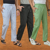 COMBO OF 3 MEN STRIPE COTTON HANDLOOM PANT BLACK OLIVE GREEN AND BLUE
