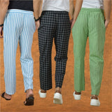 COMBO OF 3 MEN STRIPE COTTON HANDLOOM PANT BLACK OLIVE GREEN AND SKY BLUE