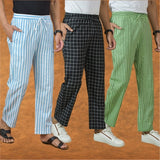 COMBO OF 3 MEN STRIPE COTTON HANDLOOM PANT BLACK OLIVE GREEN AND SKY BLUE