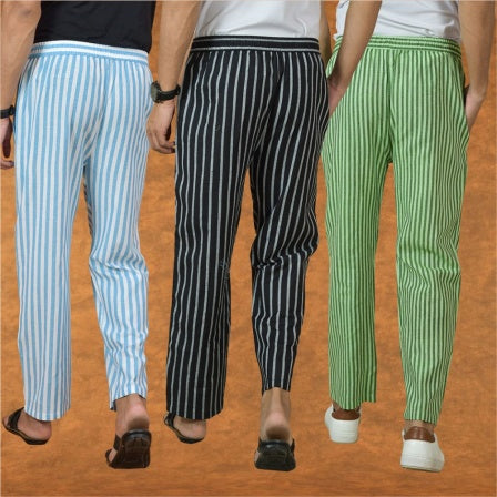 COMBO OF 3 MEN STRIPE COTTON HANDLOOM PANT BLACK OLIVE GREEN AND SKY BLUE\