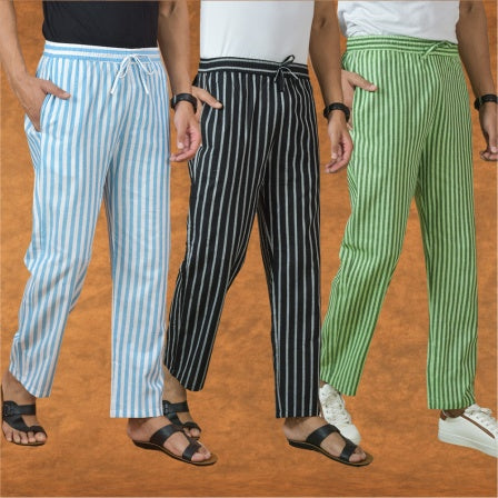 COMBO OF 3 MEN STRIPE COTTON HANDLOOM PANT BLACK OLIVE GREEN AND SKY BLUE\
