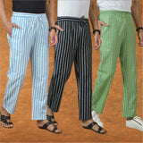 COMBO OF 3 MEN STRIPE COTTON HANDLOOM PANT BLACK OLIVE GREEN AND SKY BLUE\