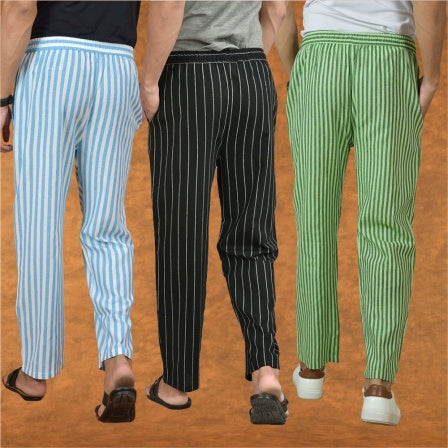 COMBO OF 3 MEN STRIPE COTTON HANDLOOM PANT BLACK OLIVE GREEN AND SKY BLUE