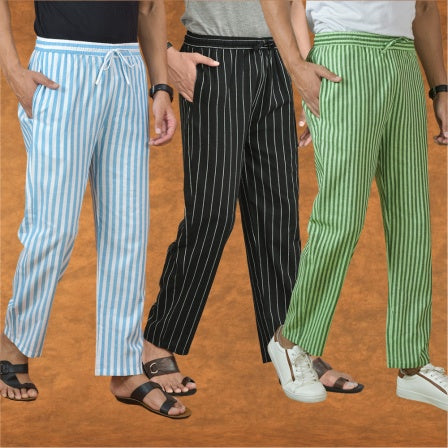 COMBO OF 3 MEN STRIPE COTTON HANDLOOM PANT BLACK OLIVE GREEN AND SKY BLUE