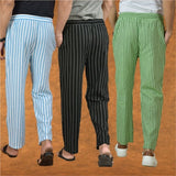 COMBO OF 3 MEN STRIPE COTTON HANDLOOM PANT BLACK OLIVE GREEN AND SKY BLUE
