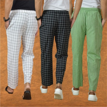 COMBO OF 3 MEN STRIPE COTTON HANDLOOM PANT BLACK OLIVE GREEN AND WHITE