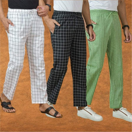 COMBO OF 3 MEN STRIPE COTTON HANDLOOM PANT BLACK OLIVE GREEN AND WHITE