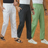 COMBO OF 3 MEN STRIPE COTTON HANDLOOM PANT BLACK OLIVE GREEN AND WHITE