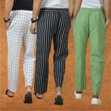 COMBO OF 3 MEN STRIPE COTTON HANDLOOM PANT BLACK OLIVE GREEN AND WHITE