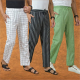 COMBO OF 3 MEN STRIPE COTTON HANDLOOM PANT BLACK OLIVE GREEN AND WHITE