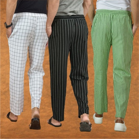 COMBO OF 3 MEN STRIPE COTTON HANDLOOM PANT BLACK OLIVE GREEN AND WHITE