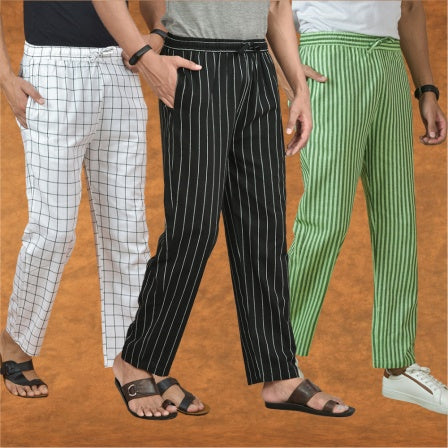 COMBO OF 3 MEN STRIPE COTTON HANDLOOM PANT BLACK OLIVE GREEN AND WHITE