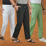 COMBO OF 3 MEN STRIPE COTTON HANDLOOM PANT BLACK OLIVE GREEN AND WHITE