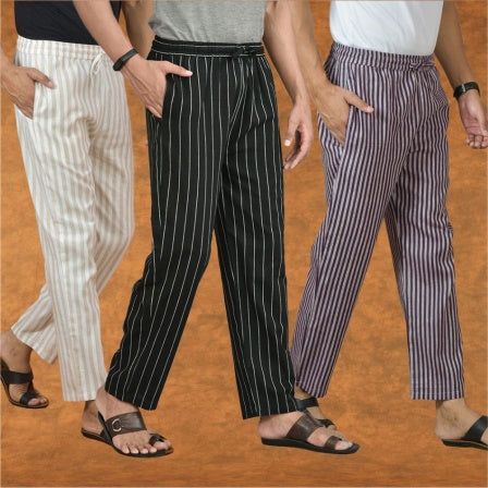 COMBO OF 3 MEN STRIPE COTTON HANDLOOM PANT BLACK PURPLE AND BEIGE