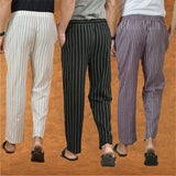 COMBO OF 3 MEN STRIPE COTTON HANDLOOM PANT BLACK PURPLE AND BEIGE