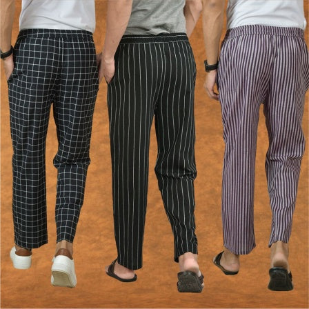 COMBO OF 3 MEN STRIPE COTTON HANDLOOM PANT BLACK PURPLE AND BLACK