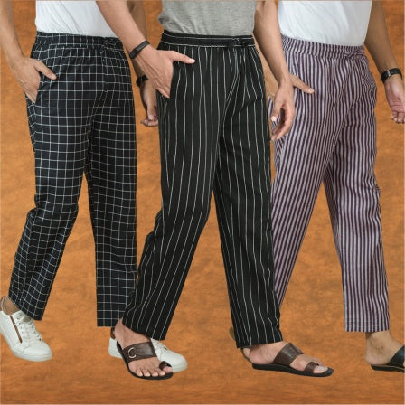 COMBO OF 3 MEN STRIPE COTTON HANDLOOM PANT BLACK PURPLE AND BLACK