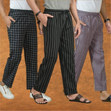 COMBO OF 3 MEN STRIPE COTTON HANDLOOM PANT BLACK PURPLE AND BLACK