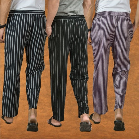 COMBO OF 3 MEN STRIPE COTTON HANDLOOM PANT BLACK PURPLE AND BLACK