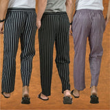 COMBO OF 3 MEN STRIPE COTTON HANDLOOM PANT BLACK PURPLE AND BLACK