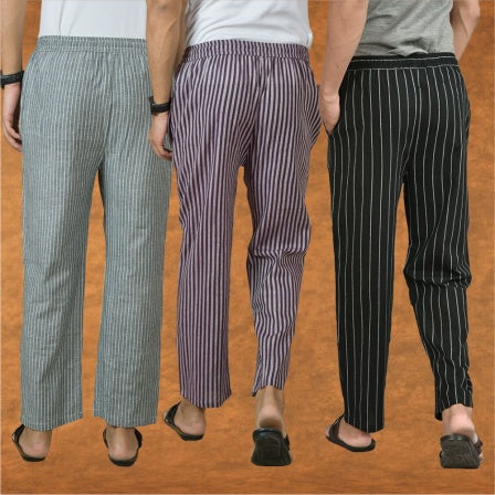 COMBO OF 3 MEN STRIPE COTTON HANDLOOM PANT BLACK PURPLE AND GRAY