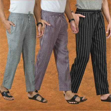 COMBO OF 3 MEN STRIPE COTTON HANDLOOM PANT BLACK PURPLE AND GRAY