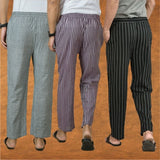 COMBO OF 3 MEN STRIPE COTTON HANDLOOM PANT BLACK PURPLE AND GRAY