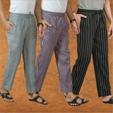 COMBO OF 3 MEN STRIPE COTTON HANDLOOM PANT BLACK PURPLE AND GRAY