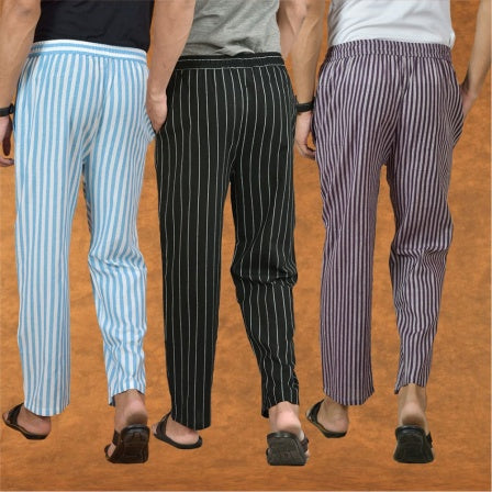 COMBO OF 3 MEN STRIPE COTTON HANDLOOM PANT BLACK PURPLE AND SKY BLUE