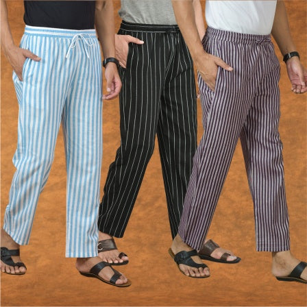 COMBO OF 3 MEN STRIPE COTTON HANDLOOM PANT BLACK PURPLE AND SKY BLUE