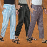 COMBO OF 3 MEN STRIPE COTTON HANDLOOM PANT BLACK PURPLE AND SKY BLUE