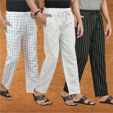 COMBO OF 3 MEN STRIPE COTTON HANDLOOM PANT BLACK PURPLE AND WHITE