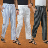COMBO OF 3 MEN STRIPE COTTON HANDLOOM PANT BLACK WHITE AND BLUE