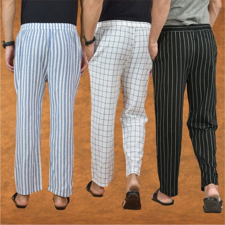 COMBO OF 3 MEN STRIPE COTTON HANDLOOM PANT BLACK WHITE AND BLUE