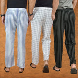 COMBO OF 3 MEN STRIPE COTTON HANDLOOM PANT BLACK WHITE AND BLUE