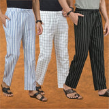 COMBO OF 3 MEN STRIPE COTTON HANDLOOM PANT BLACK WHITE AND BLUE