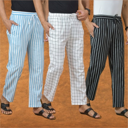 COMBO OF 3 MEN STRIPE COTTON HANDLOOM PANT BLACK WHITE AND SKY BLUE