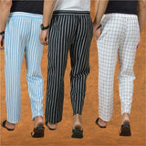 COMBO OF 3 MEN STRIPE COTTON HANDLOOM PANT BLACK WHITE AND SKY BLUE