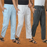 COMBO OF 3 MEN STRIPE COTTON HANDLOOM PANT BLACK WHITE AND SKY BLUE
