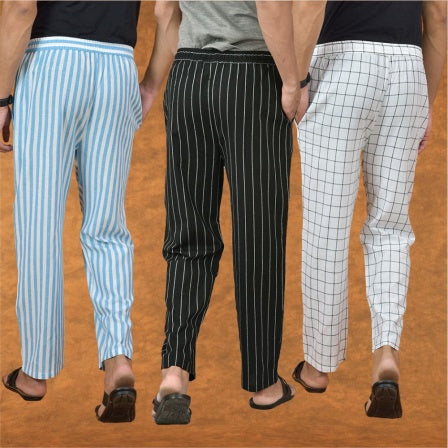 COMBO OF 3 MEN STRIPE COTTON HANDLOOM PANT BLACK WHITE AND SKY BLUE